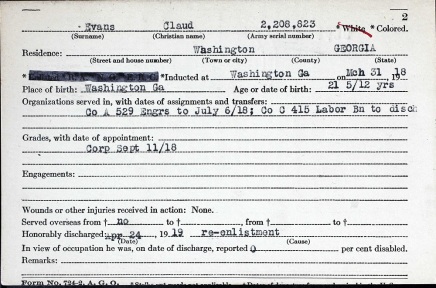 Claud EVANS - WWI Service Card